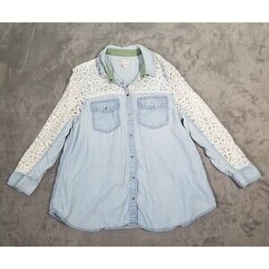 Anthropologie Denim Chambray Lace Shirt Size 10 Button Long Sleeve Boho Festival